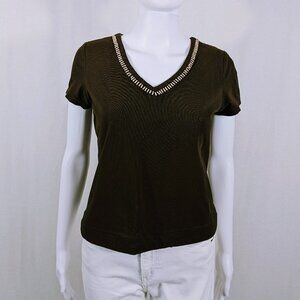 Liz Claiborne Brown Fitted Embellished Short Sleeve Tee